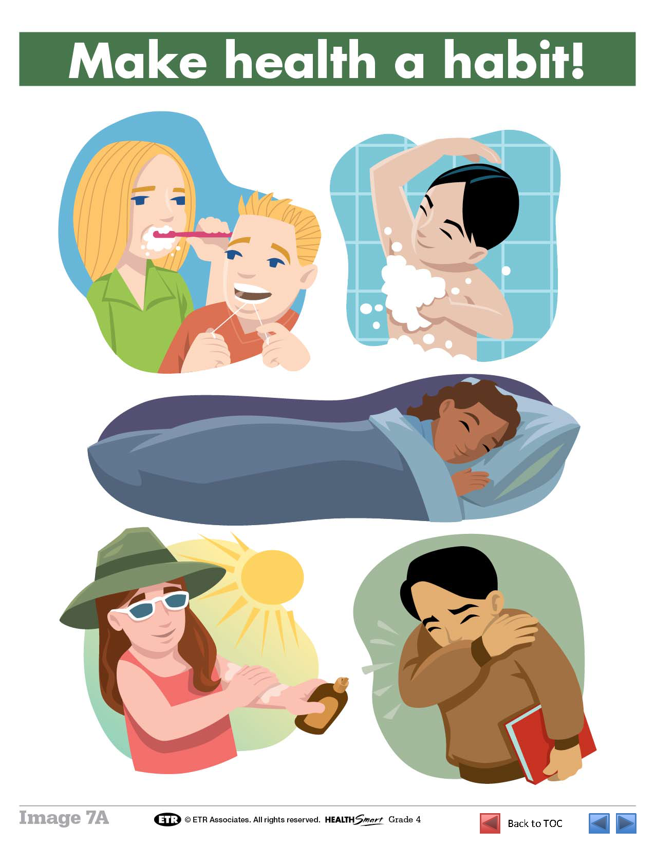 children practicing a variety of healthy habits, including brushing teeth, using sunscreen, getting enough sleep